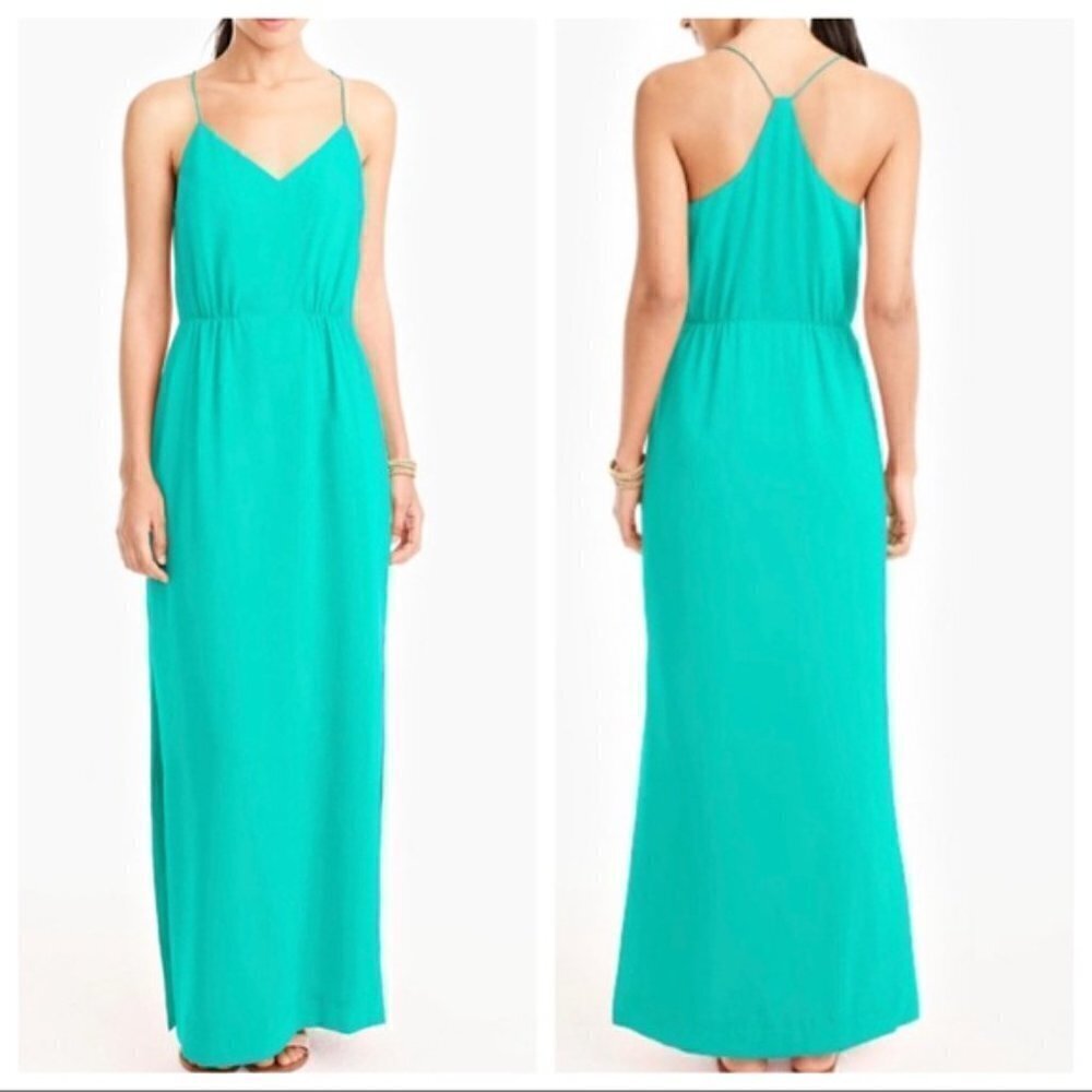 J. Crew Factory Womens Size 4 Racerback Maxi Dress Green Lined Slit Sides V-Neck